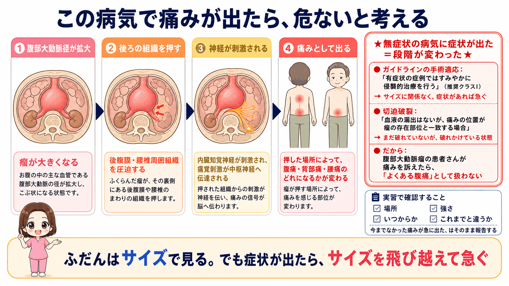 腹部大動脈瘤で腹痛が出るしくみの図解。瘤が後腹膜や腰椎周囲組織を圧迫して内臓知覚神経が刺激される流れと、有症状の症例ではすみやかに侵襲的治療を行うというガイドラインの手術適応、切迫破裂について示している