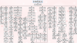 多発性筋炎の関連図。自己免疫反応の異常から筋細胞・心筋細胞への攻撃を経て、全身の症状へ広がっていく全体像