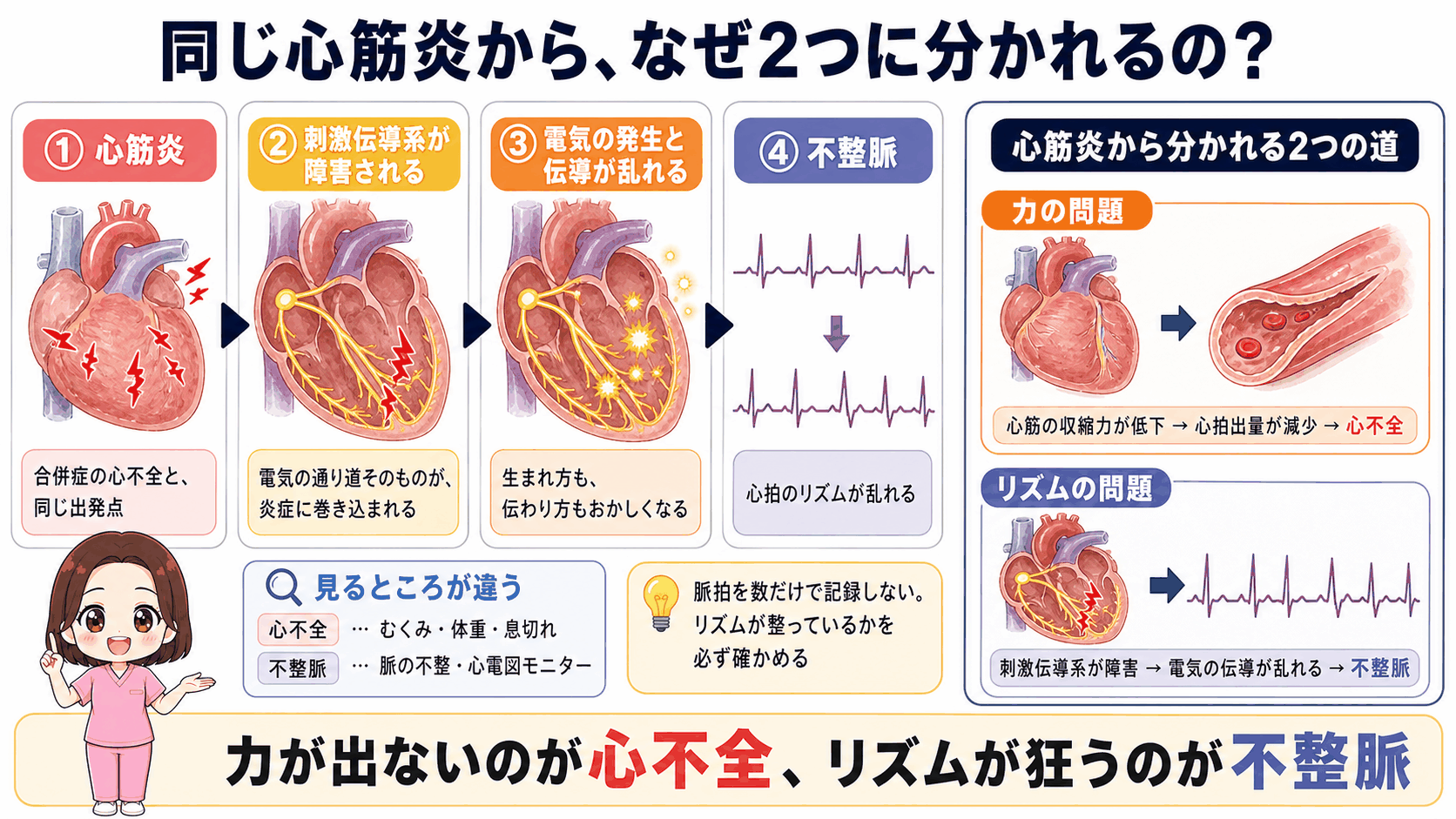 多発性筋炎の不整脈のしくみの図解。心筋炎から刺激伝導系が障害され、電気の発生と伝導が乱れて心拍のリズムが乱れる流れを示し、心筋炎から心不全(力の問題)と不整脈(リズムの問題)の2つに分かれることを示している