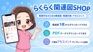 らくらく関連図SHOPのバナー。関連図1枚からダウンロードできる・PDFデータでダウンロードできる・穴埋めアセスメントテンプレートも追加