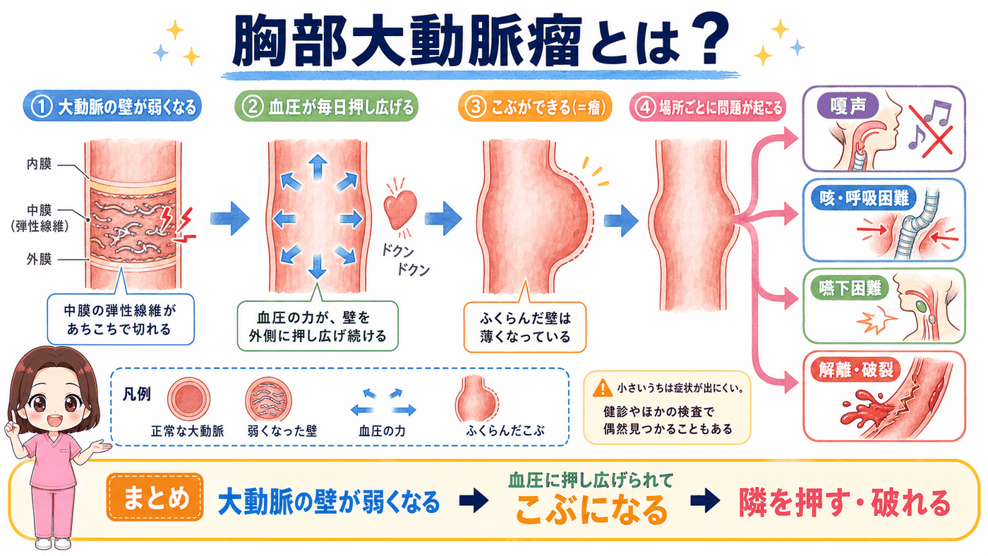胸部大動脈瘤とは？大動脈の壁が弱くなり、血圧に押し広げられてこぶになり、嗄声・咳・嚥下困難・解離や破裂に枝分かれする流れの図解